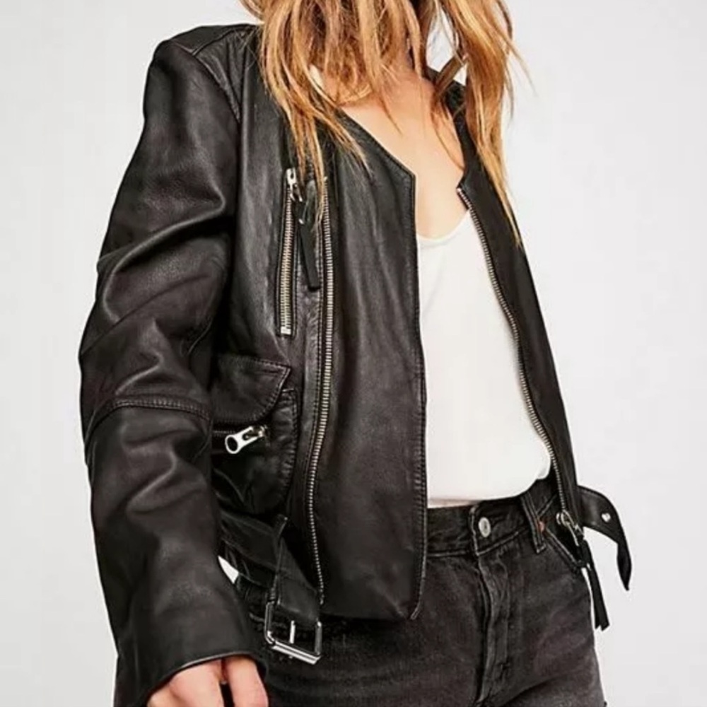 Free People Women's Victory Lamb Leather Moto Biker Jacket 90s Minimalist Style